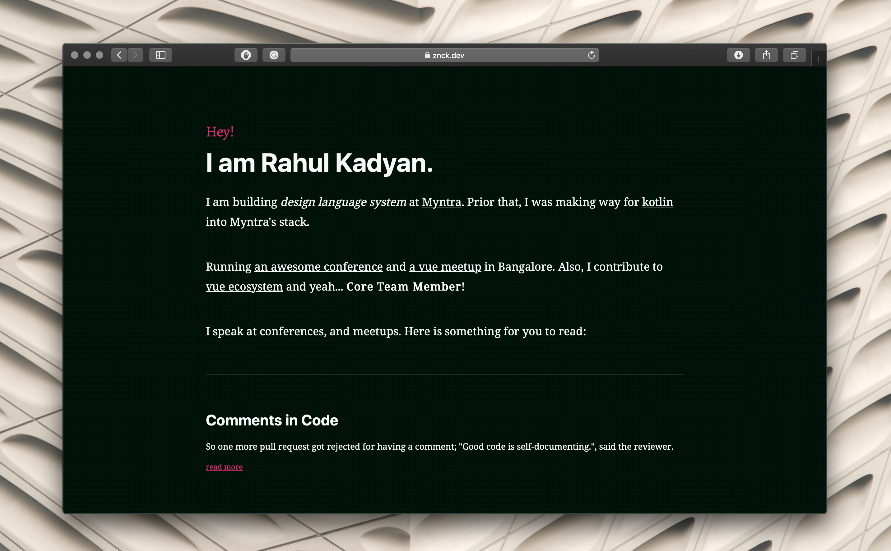 Screenshot: Dark Theme on znck.dev