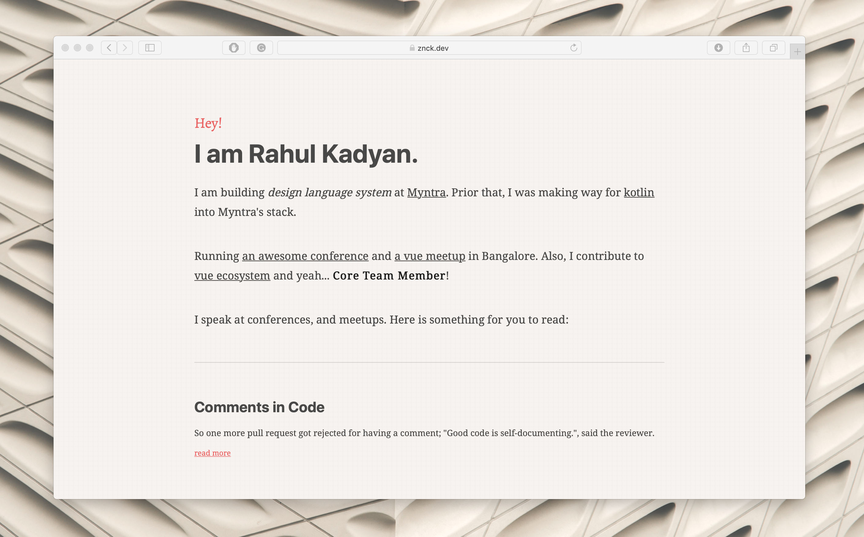 Screenshot: Default Theme on znck.dev